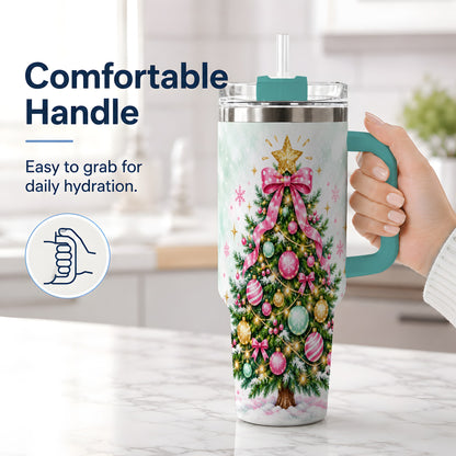 #pl[40oz|Green] Pink Bow Christmas Tree Tumbler, 40oz Handled Stainless Steel Drinkware