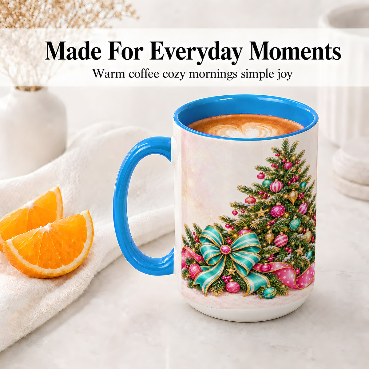 #pl[15oz|Blue] Pink Christmas Tree Accent Mug, Ceramic Coffee Cup with Teal Bow