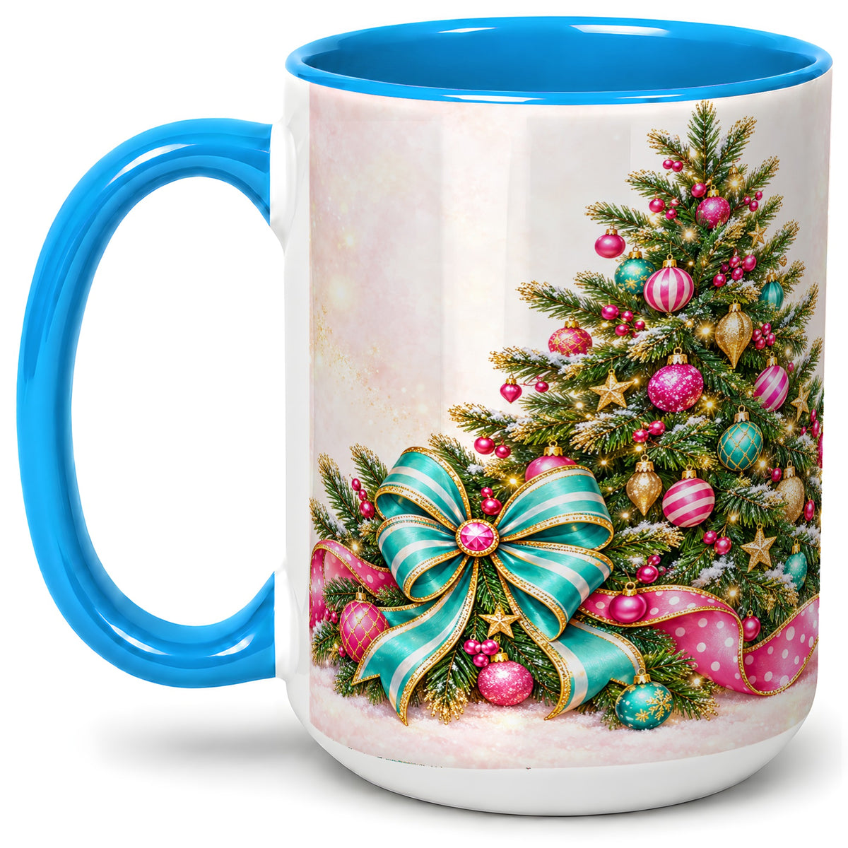 #pl[15oz|Blue] Pink Christmas Tree Accent Mug, Ceramic Coffee Cup with Teal Bow