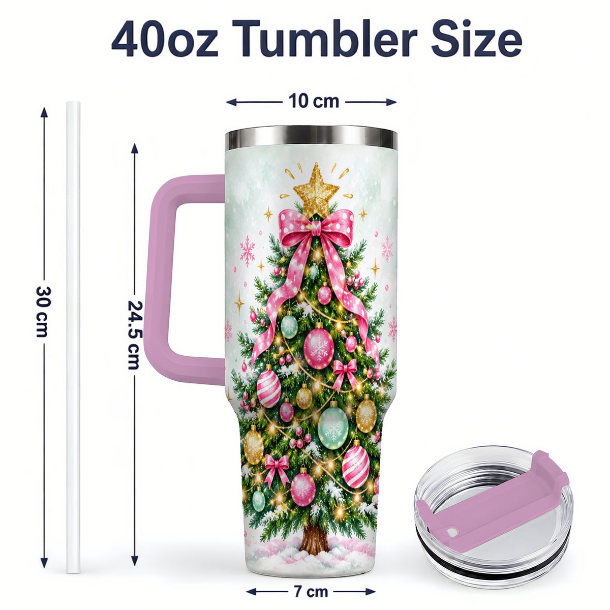 #pl[40oz|Pink] Pink Bow Christmas Tree Tumbler, 40oz Handled Stainless Steel Drinkware
