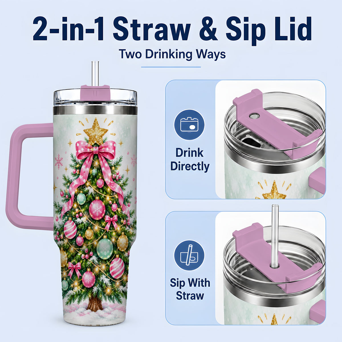#pl[40oz|Pink] Pink Bow Christmas Tree Tumbler, 40oz Handled Stainless Steel Drinkware