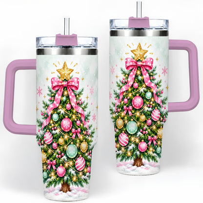 #pl[40oz|Pink] Pink Bow Christmas Tree Tumbler, 40oz Handled Stainless Steel Drinkware