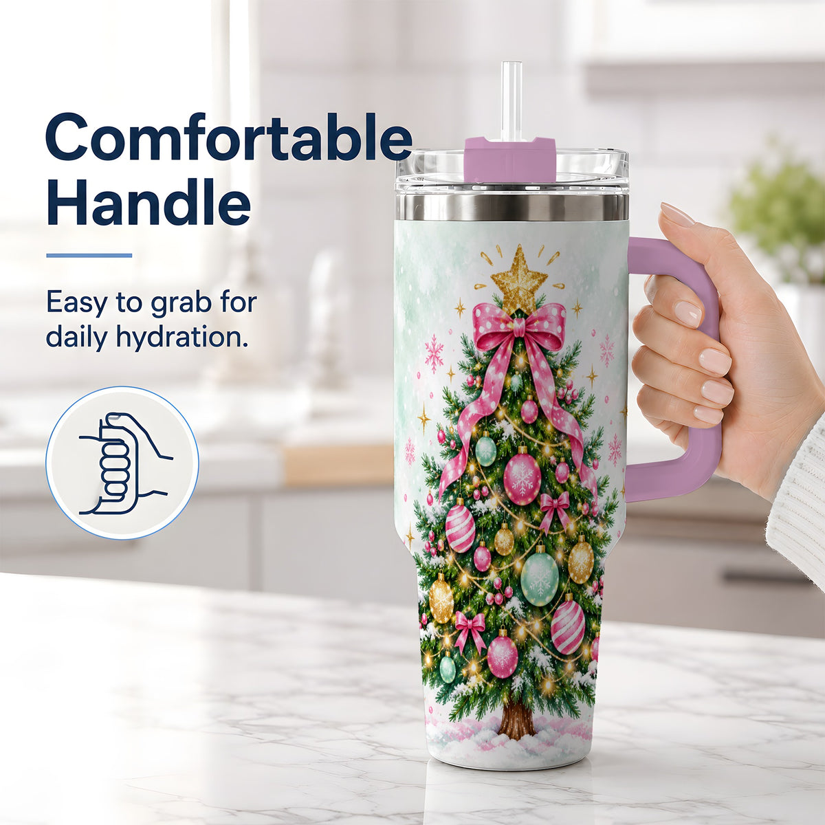 #pl[40oz|Pink] Pink Bow Christmas Tree Tumbler, 40oz Handled Stainless Steel Drinkware