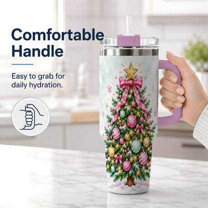 #pl[40oz|Pink] Pink Bow Christmas Tree Tumbler, 40oz Handled Stainless Steel Drinkware