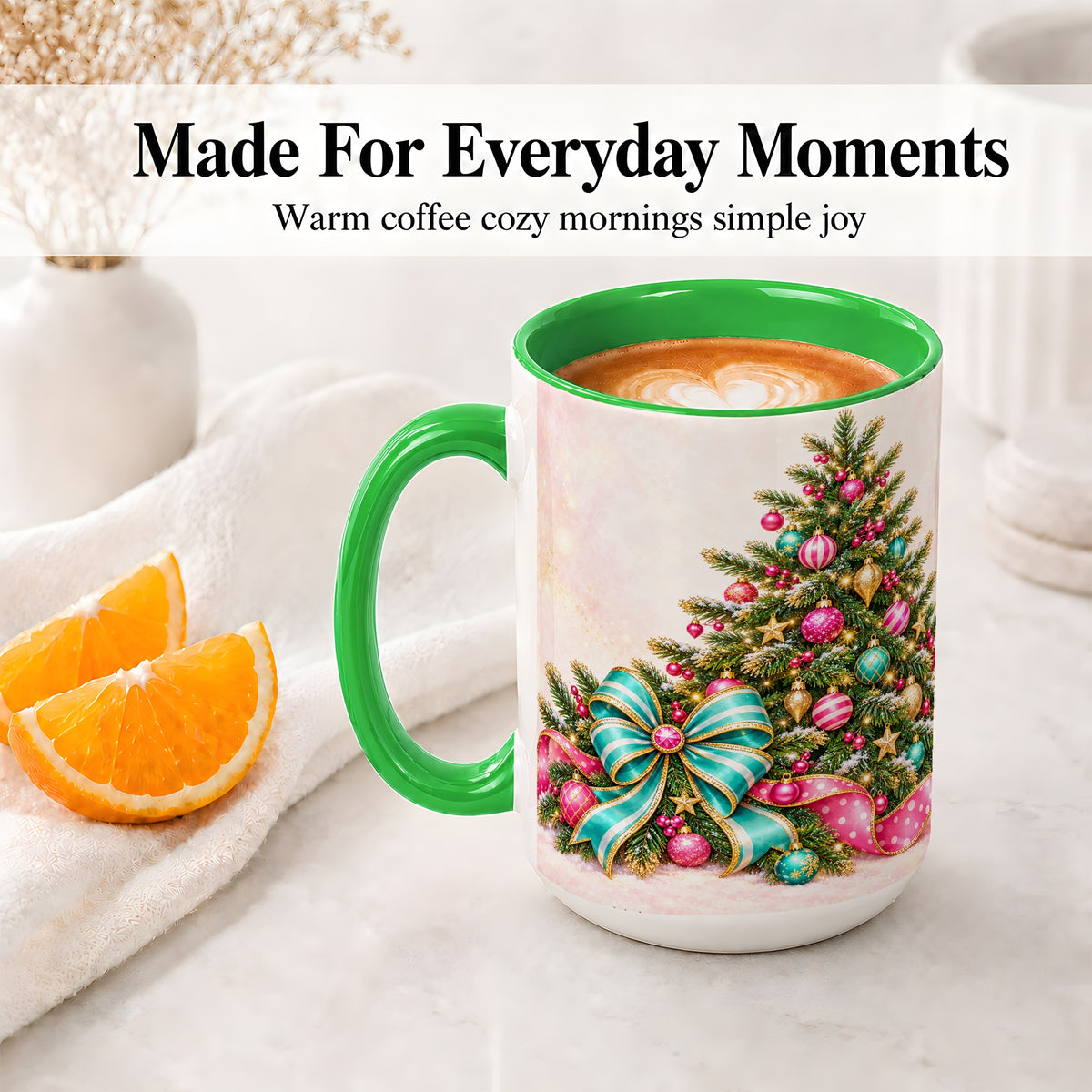 #pl[15oz|Green] Pink Christmas Tree Accent Mug, Ceramic Coffee Cup with Teal Bow