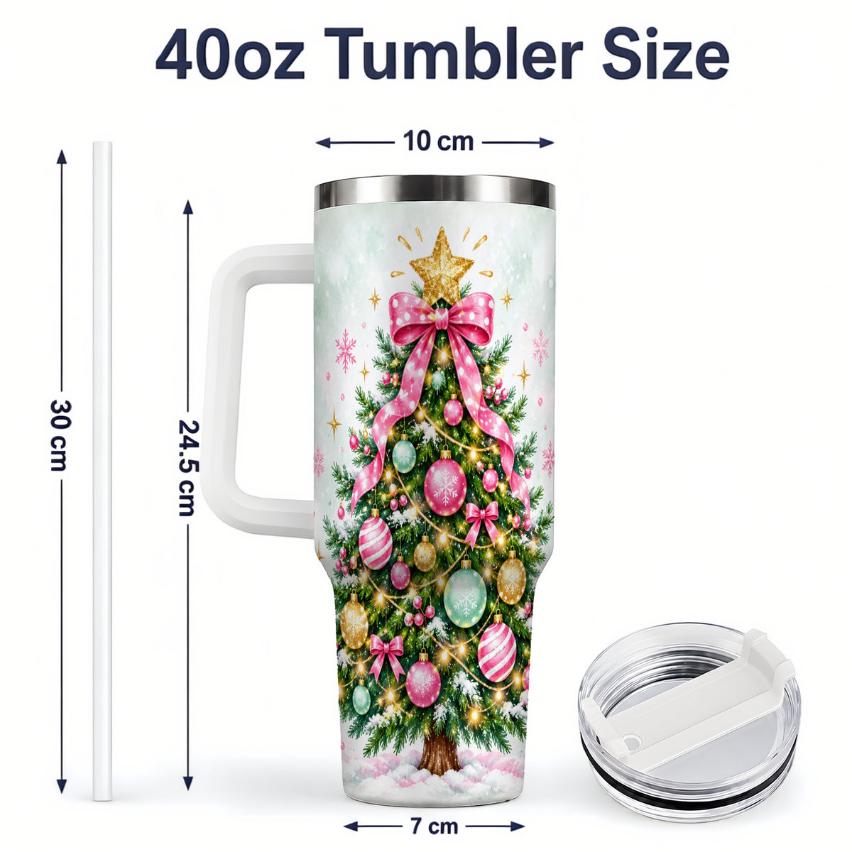 #pl[40oz|White] Pink Bow Christmas Tree Tumbler, 40oz Handled Stainless Steel Drinkware