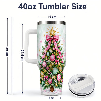 #pl[40oz|White] Pink Bow Christmas Tree Tumbler, 40oz Handled Stainless Steel Drinkware