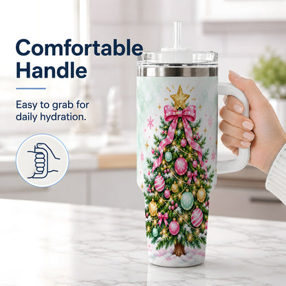 #pl[40oz|White] Pink Bow Christmas Tree Tumbler, 40oz Handled Stainless Steel Drinkware