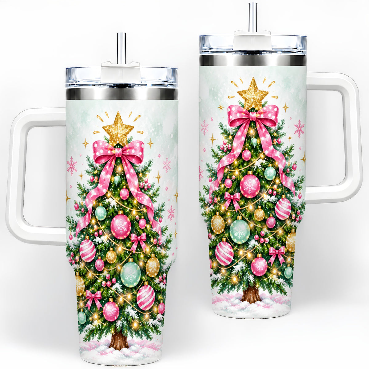 Pink Bow Christmas Tree Tumbler, 40oz Handled Stainless Steel Drinkware