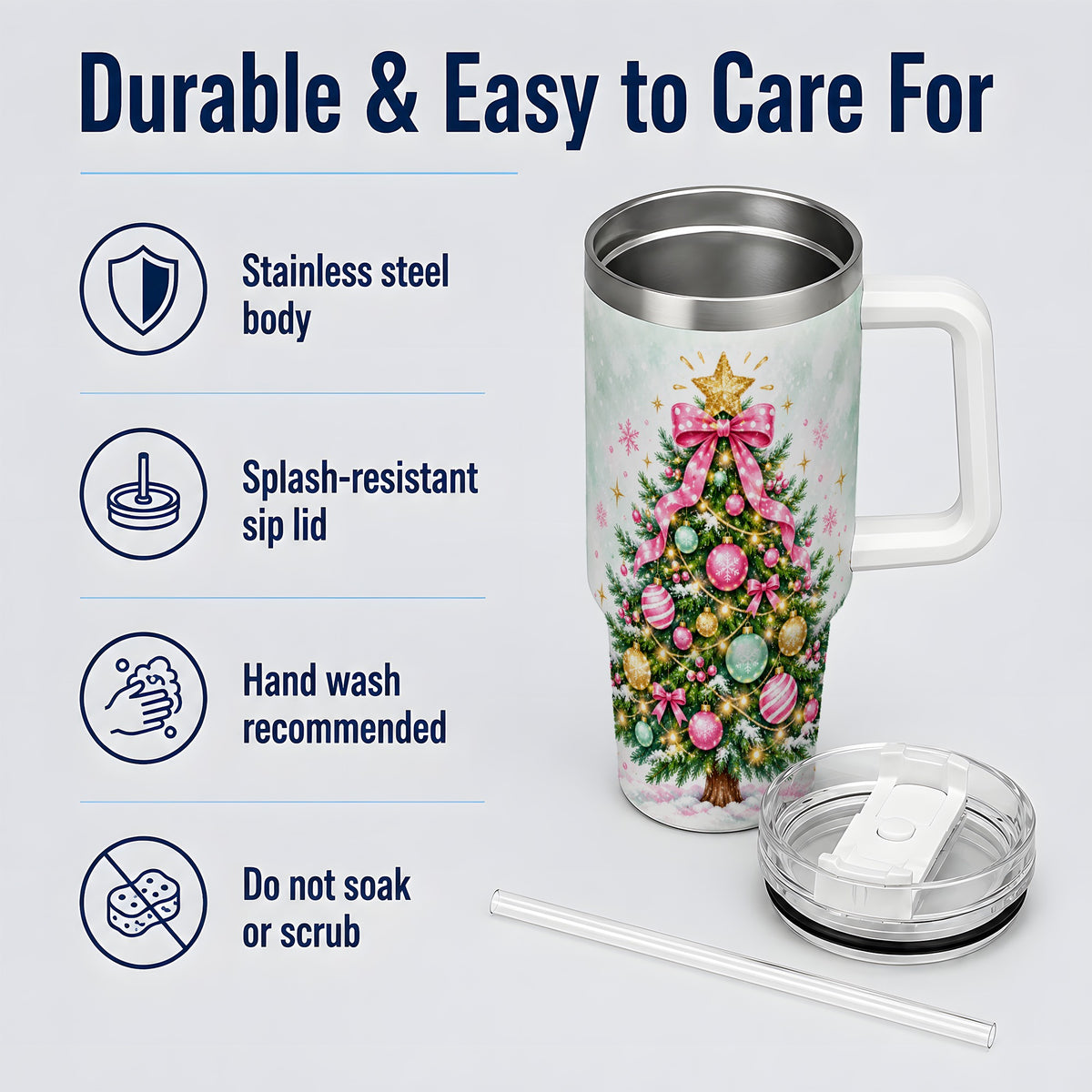 Pink Bow Christmas Tree Tumbler, 40oz Handled Stainless Steel Drinkware