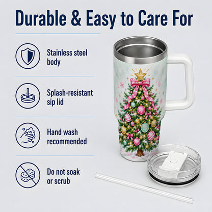 Pink Bow Christmas Tree Tumbler, 40oz Handled Stainless Steel Drinkware