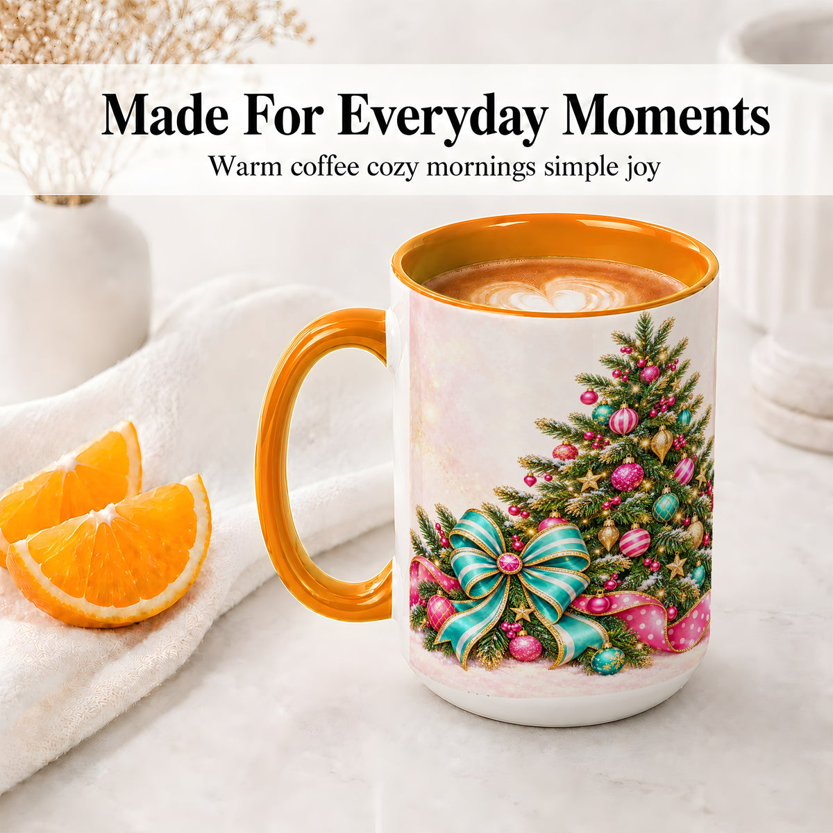 #pl[15oz|Orange] Pink Christmas Tree Accent Mug, Ceramic Coffee Cup with Teal Bow