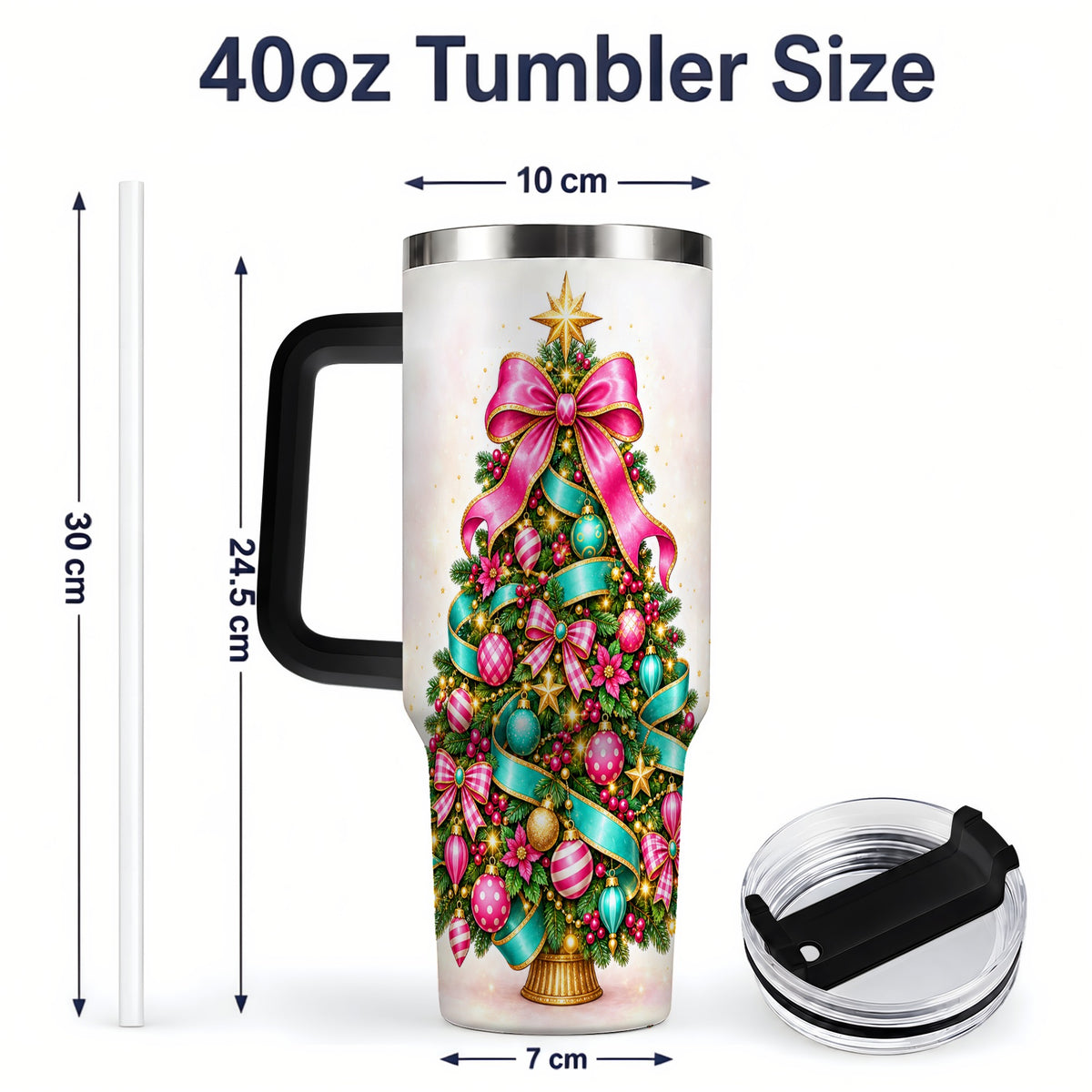 #pl[40oz|Black] Colorful Christmas Tree Tumbler, 40oz Handled Holiday Drinkware