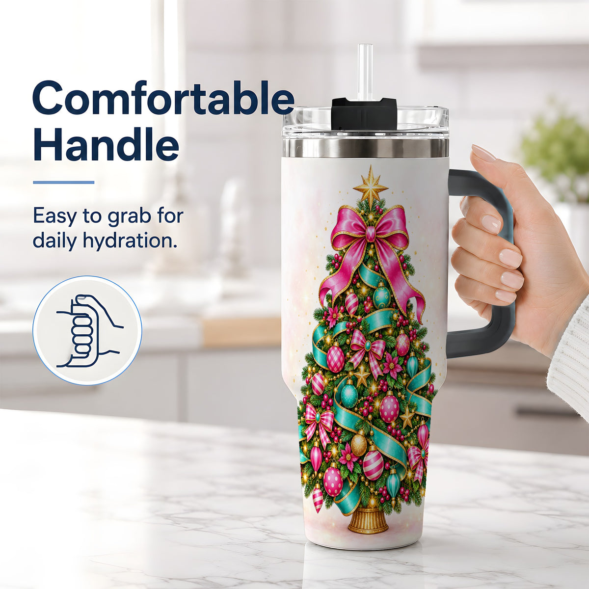 #pl[40oz|Black] Colorful Christmas Tree Tumbler, 40oz Handled Holiday Drinkware