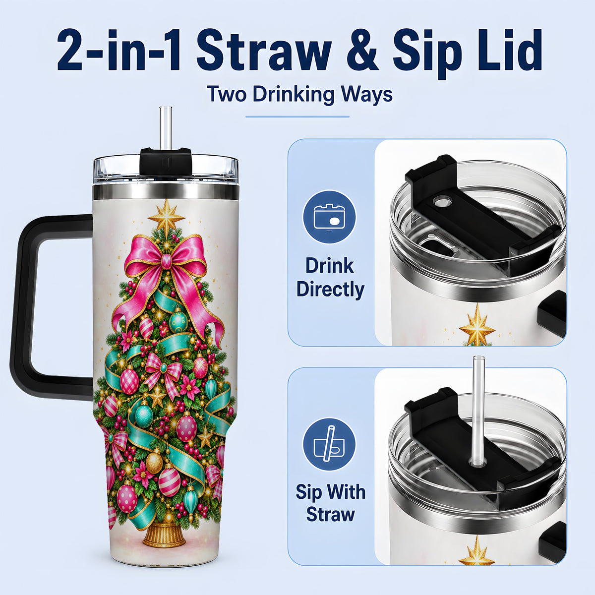 #pl[40oz|Black] Colorful Christmas Tree Tumbler, 40oz Handled Holiday Drinkware