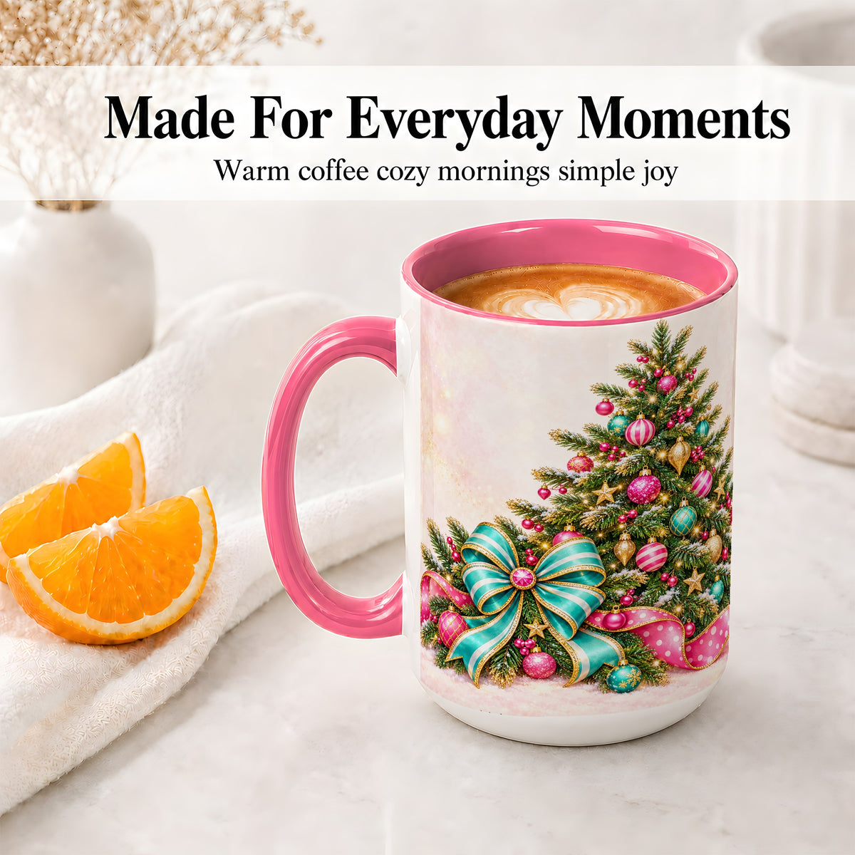 #pl[15oz|Pink] Pink Christmas Tree Accent Mug, Ceramic Coffee Cup with Teal Bow