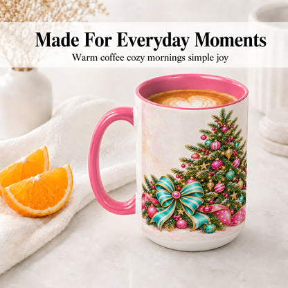 #pl[15oz|Pink] Pink Christmas Tree Accent Mug, Ceramic Coffee Cup with Teal Bow
