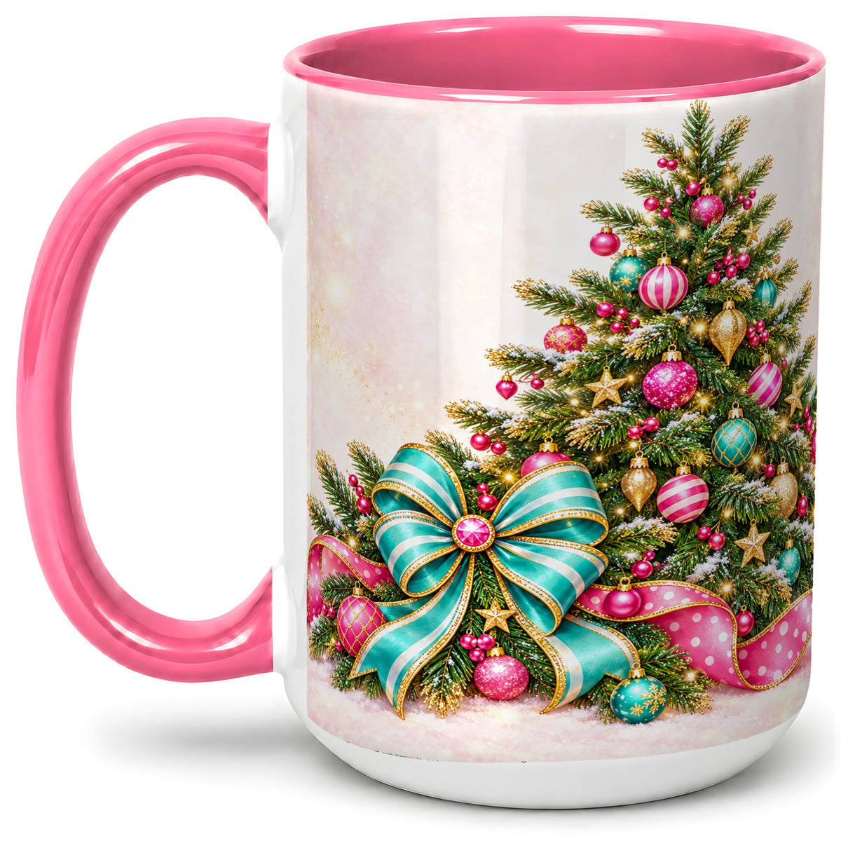 #pl[15oz|Pink] Pink Christmas Tree Accent Mug, Ceramic Coffee Cup with Teal Bow