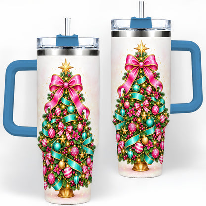 #pl[40oz|Blue] Colorful Christmas Tree Tumbler, 40oz Handled Holiday Drinkware
