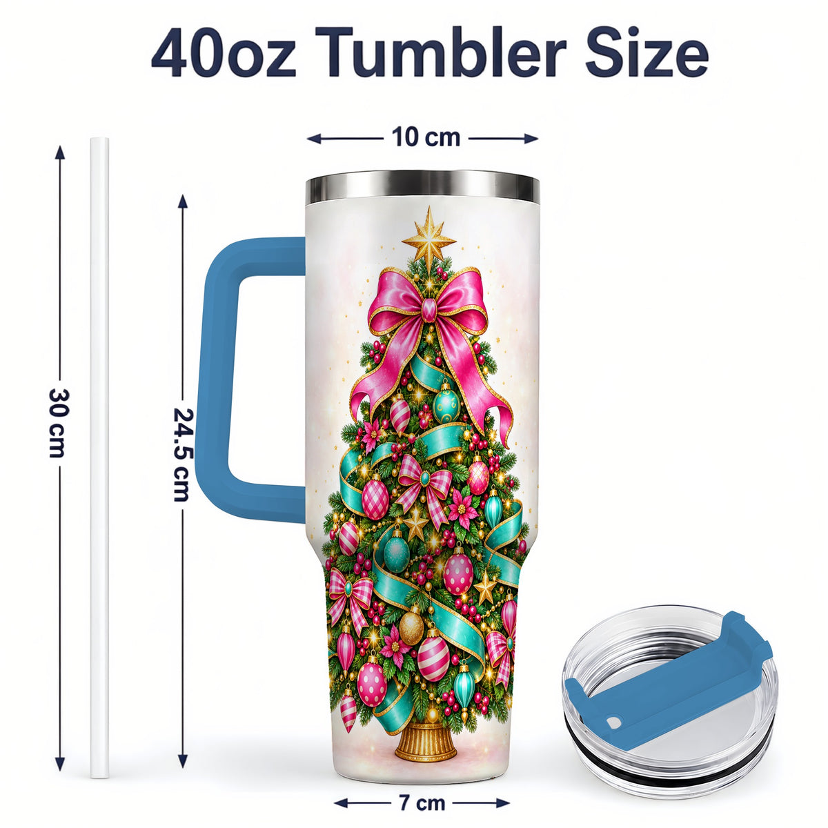 #pl[40oz|Blue] Colorful Christmas Tree Tumbler, 40oz Handled Holiday Drinkware