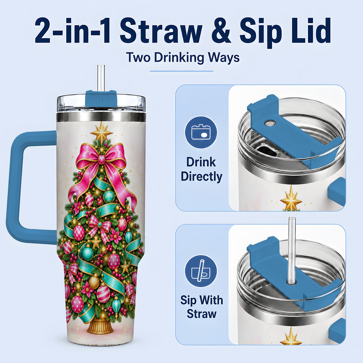 #pl[40oz|Blue] Colorful Christmas Tree Tumbler, 40oz Handled Holiday Drinkware