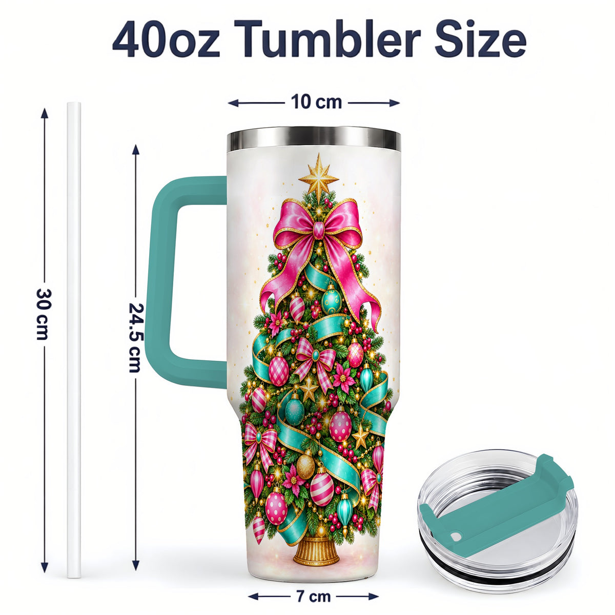 #pl[40oz|Green] Colorful Christmas Tree Tumbler, 40oz Handled Holiday Drinkware