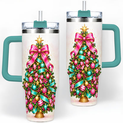 #pl[40oz|Green] Colorful Christmas Tree Tumbler, 40oz Handled Holiday Drinkware