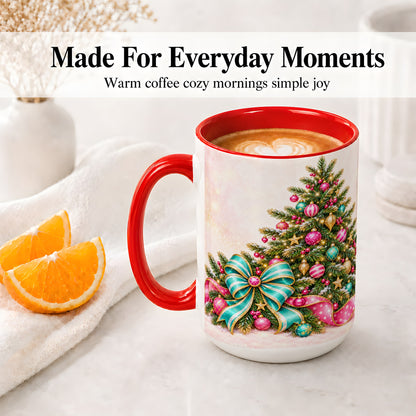 #pl[15oz|Red] Pink Christmas Tree Accent Mug, Ceramic Coffee Cup with Teal Bow