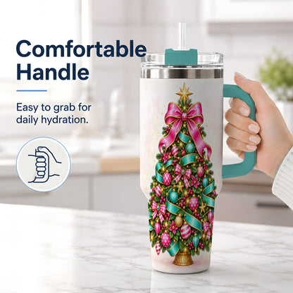 #pl[40oz|Green] Colorful Christmas Tree Tumbler, 40oz Handled Holiday Drinkware