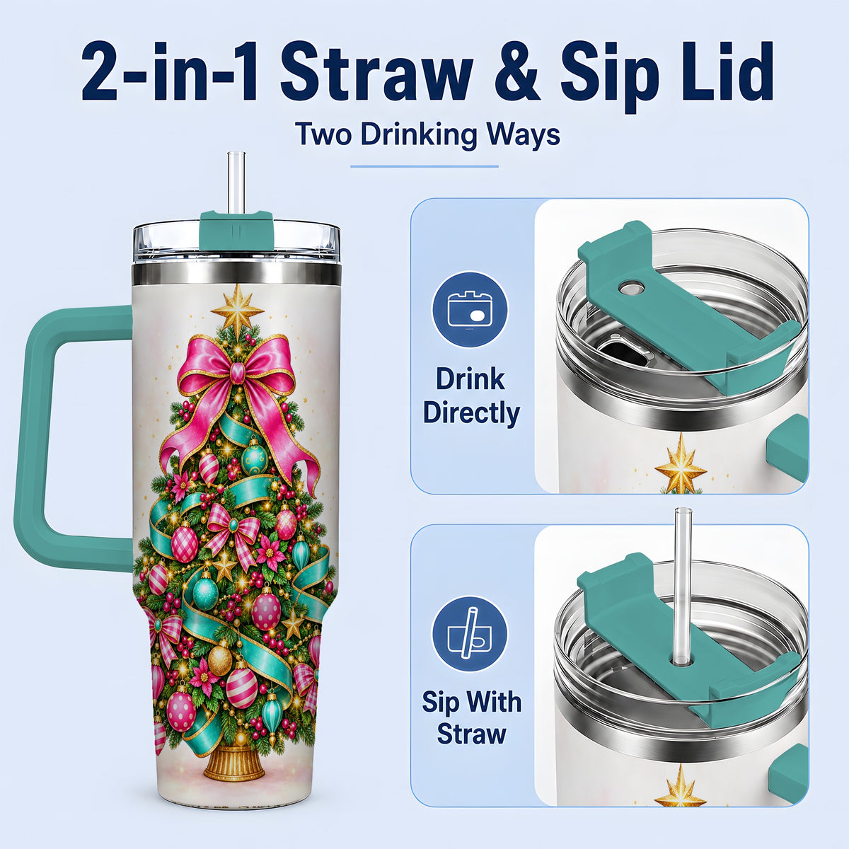 #pl[40oz|Green] Colorful Christmas Tree Tumbler, 40oz Handled Holiday Drinkware
