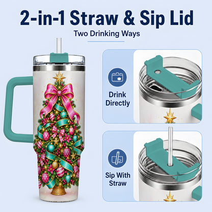 #pl[40oz|Green] Colorful Christmas Tree Tumbler, 40oz Handled Holiday Drinkware