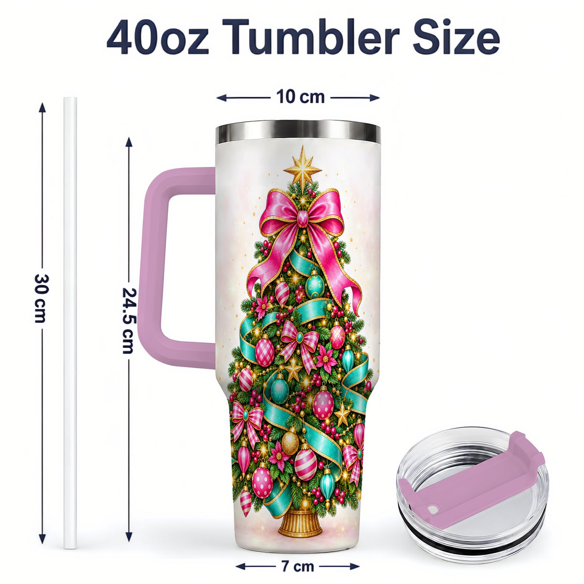 #pl[40oz|Pink] Colorful Christmas Tree Tumbler, 40oz Handled Holiday Drinkware