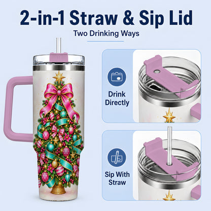 #pl[40oz|Pink] Colorful Christmas Tree Tumbler, 40oz Handled Holiday Drinkware