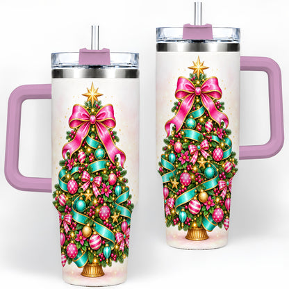 #pl[40oz|Pink] Colorful Christmas Tree Tumbler, 40oz Handled Holiday Drinkware