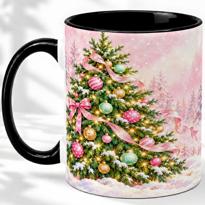 #pl[11oz|Black] Pink Ribbon Christmas Tree Accent Mug, Ceramic Cup with Snow Art