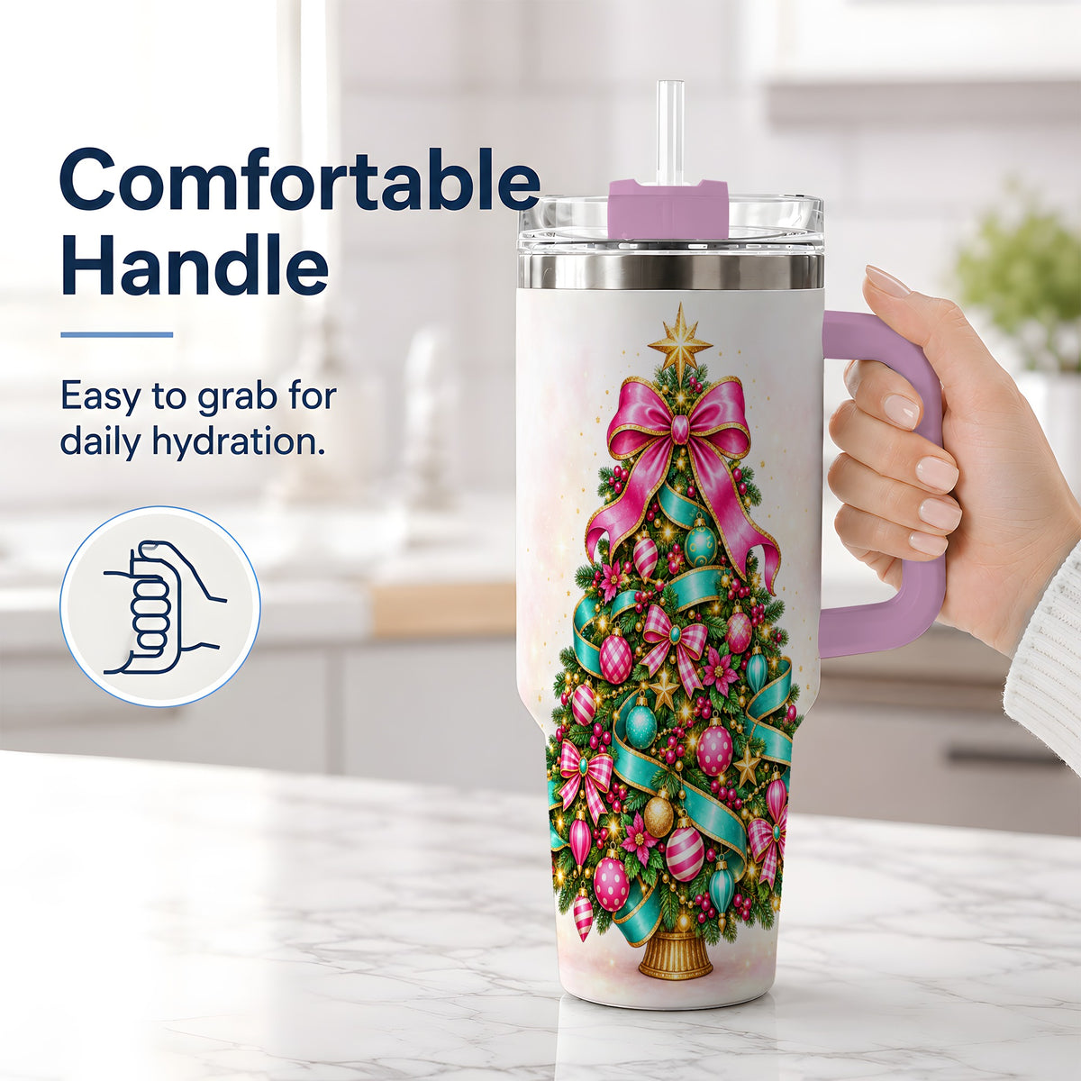 #pl[40oz|Pink] Colorful Christmas Tree Tumbler, 40oz Handled Holiday Drinkware
