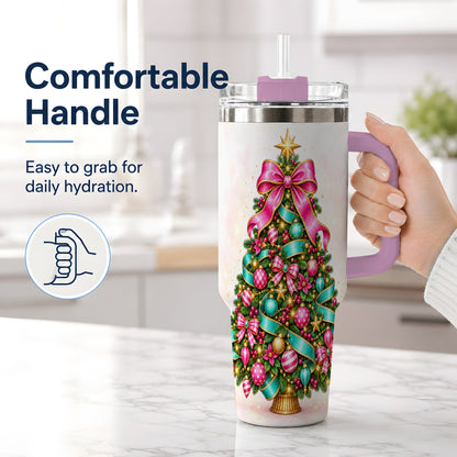 #pl[40oz|Pink] Colorful Christmas Tree Tumbler, 40oz Handled Holiday Drinkware