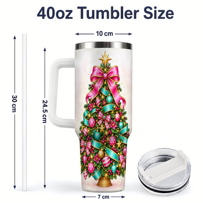 #pl[40oz|White] Colorful Christmas Tree Tumbler, 40oz Handled Holiday Drinkware