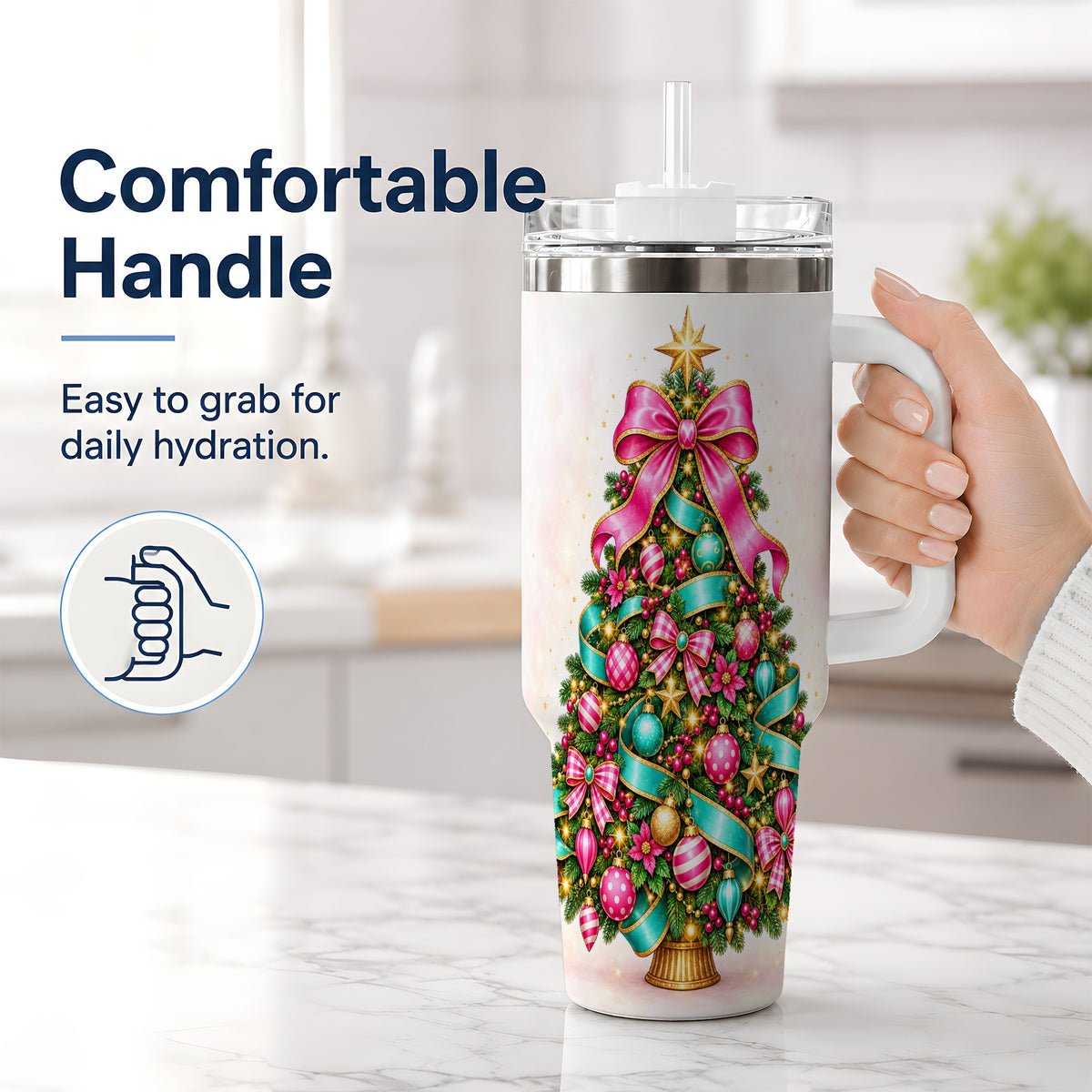 #pl[40oz|White] Colorful Christmas Tree Tumbler, 40oz Handled Holiday Drinkware