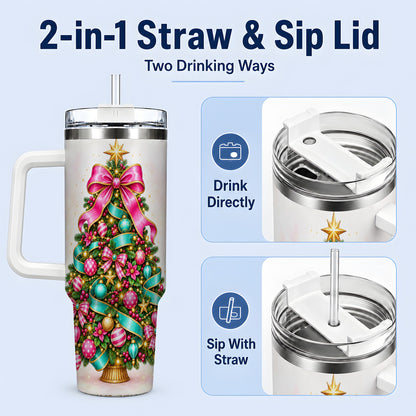 #pl[40oz|White] Colorful Christmas Tree Tumbler, 40oz Handled Holiday Drinkware