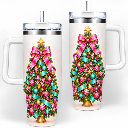 Colorful Christmas Tree Tumbler, 40oz Handled Holiday Drinkware
