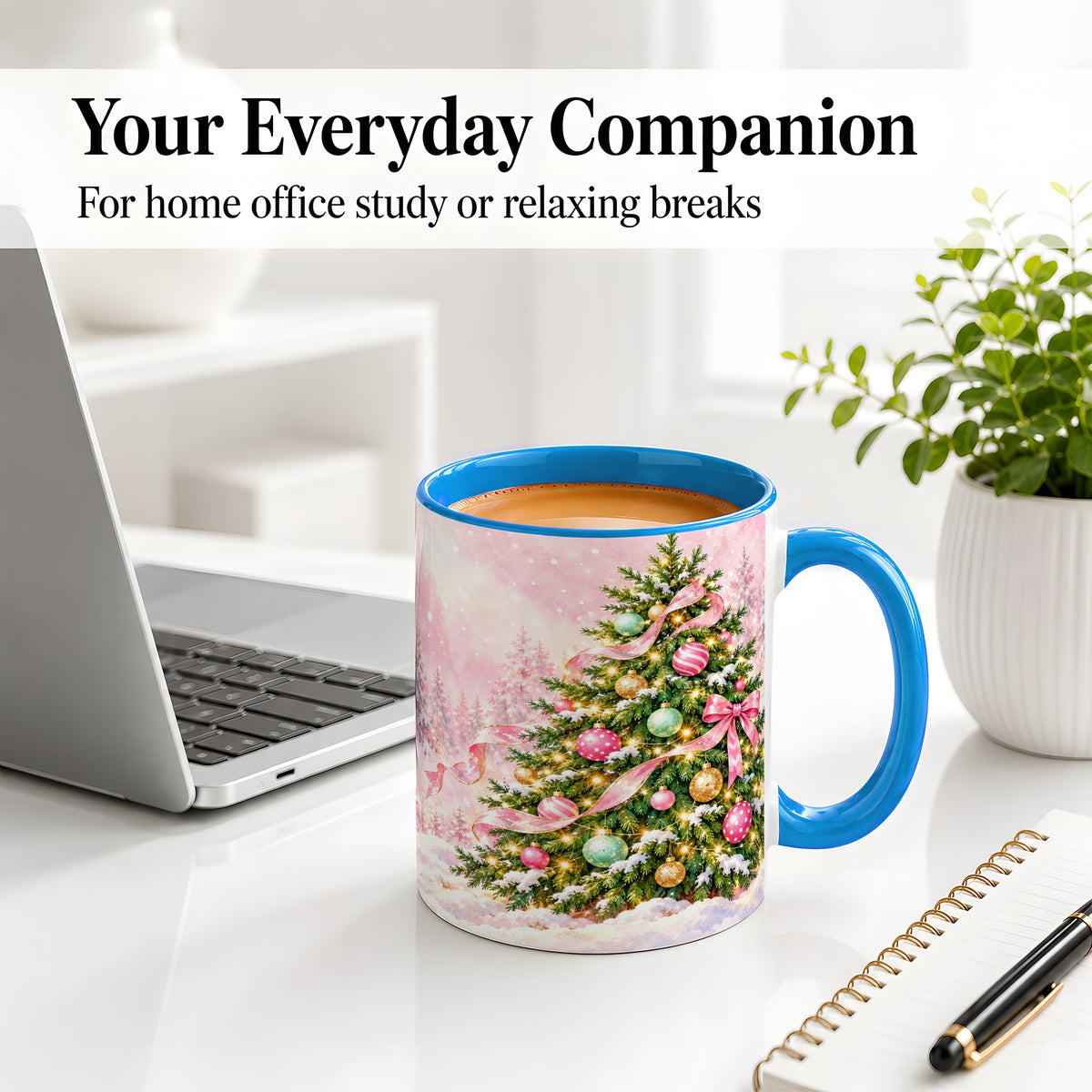 #pl[11oz|Blue] Pink Ribbon Christmas Tree Accent Mug, Ceramic Cup with Snow Art