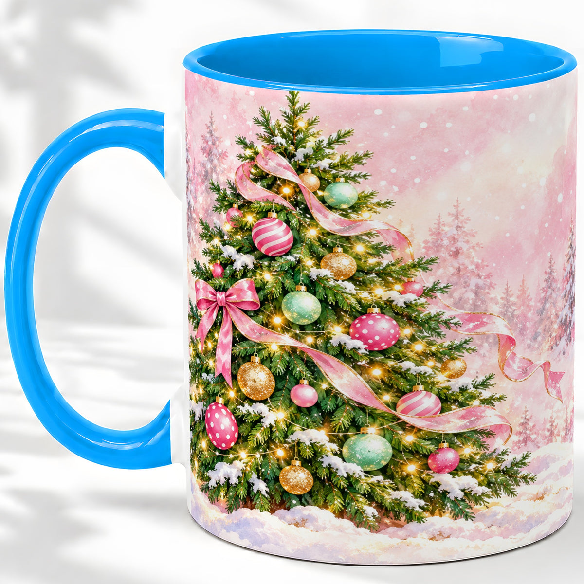 #pl[11oz|Blue] Pink Ribbon Christmas Tree Accent Mug, Ceramic Cup with Snow Art