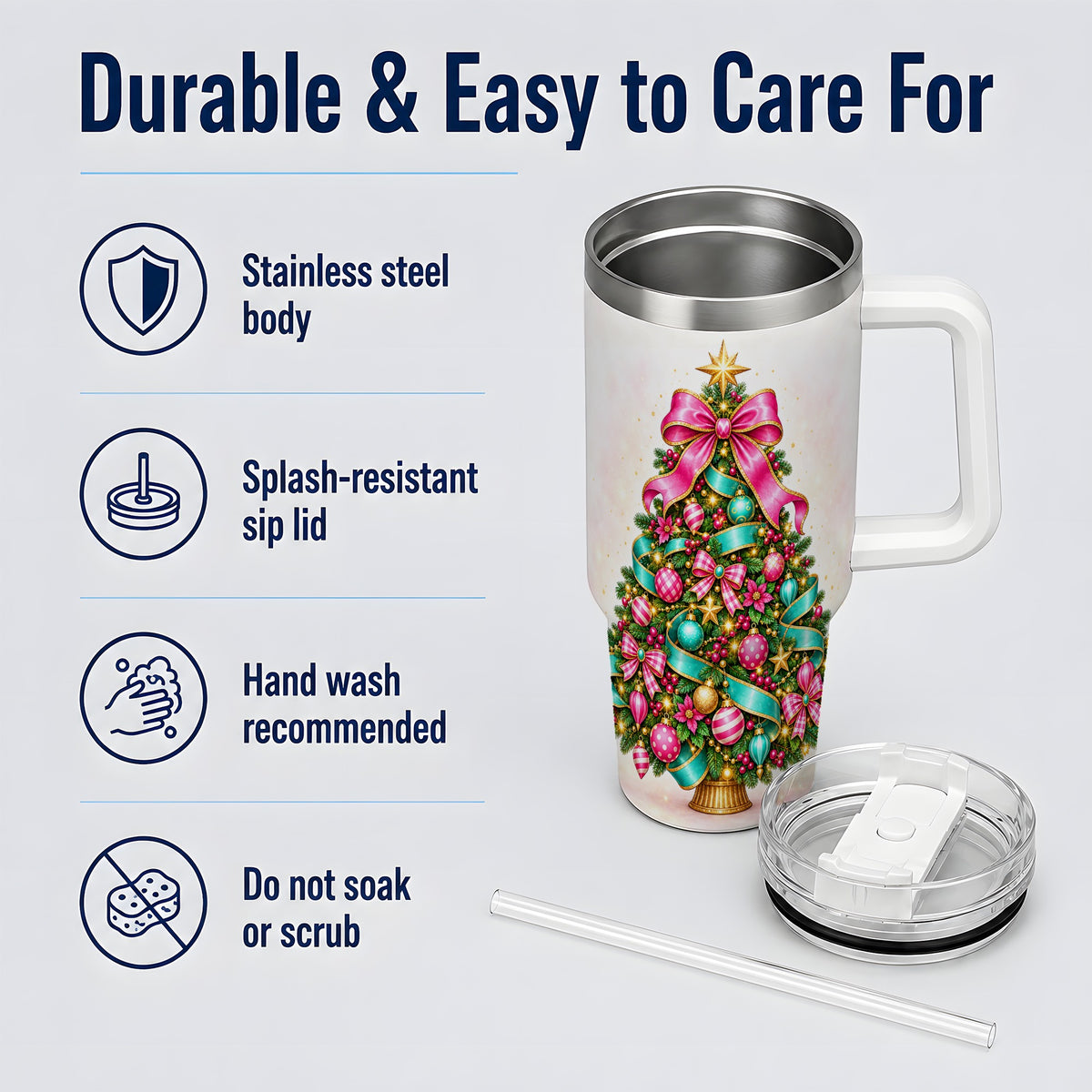Colorful Christmas Tree Tumbler, 40oz Handled Holiday Drinkware