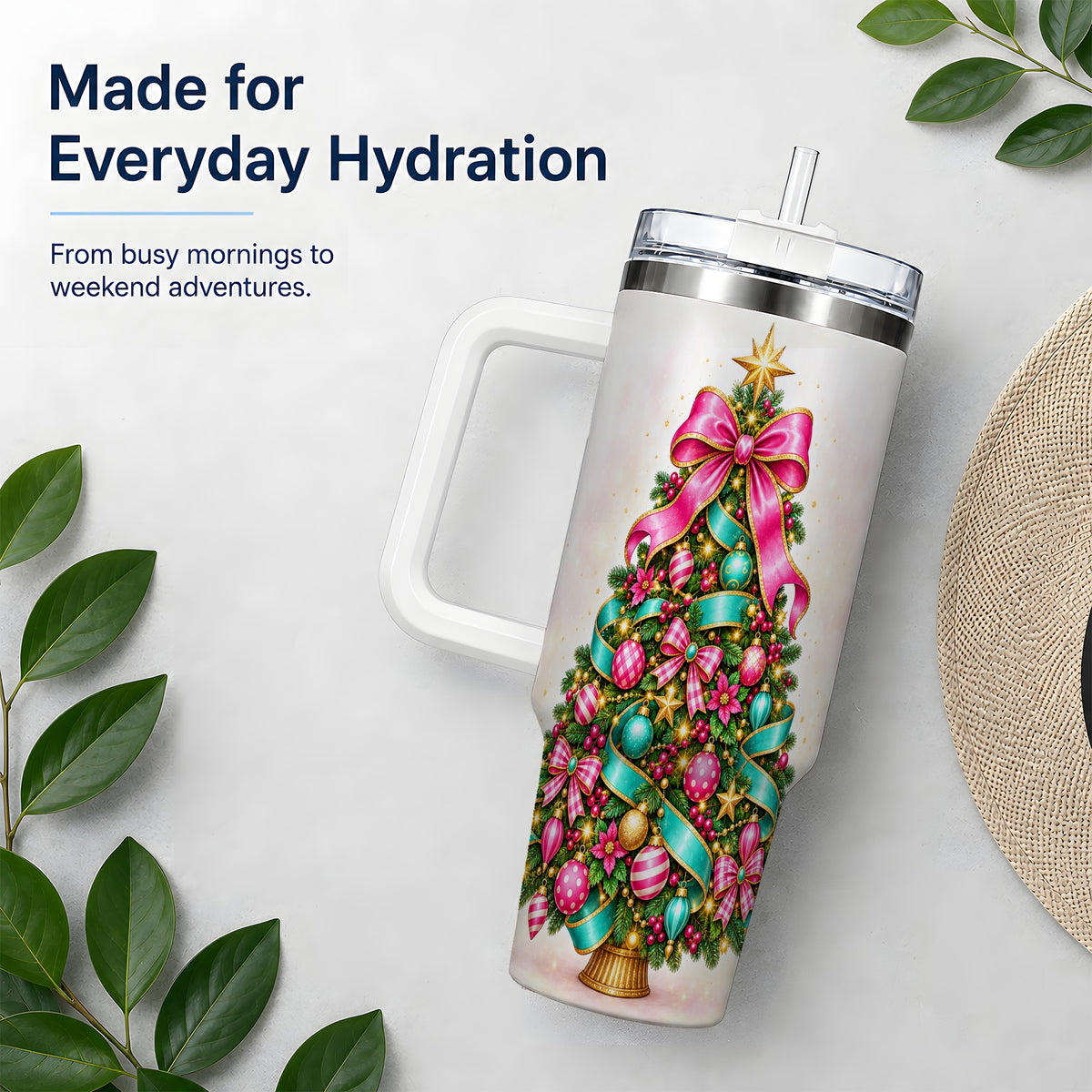 Colorful Christmas Tree Tumbler, 40oz Handled Holiday Drinkware