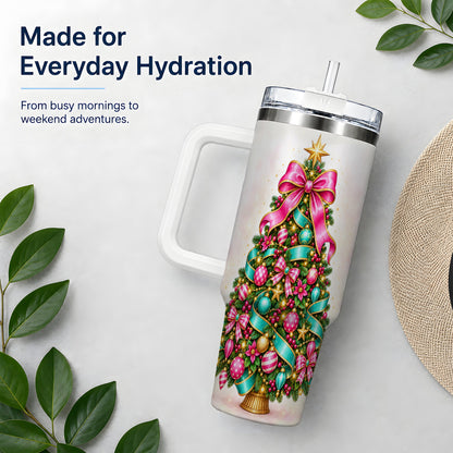 Colorful Christmas Tree Tumbler, 40oz Handled Holiday Drinkware