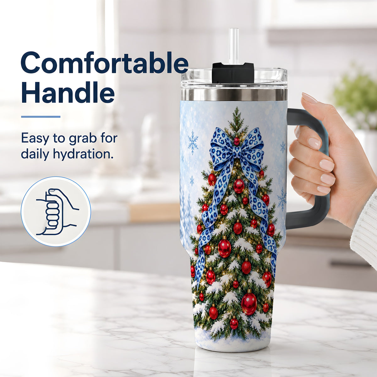 #pl[40oz|Black] Blue Leopard Christmas Tree Tumbler, 40oz Handled Holiday Drinkware