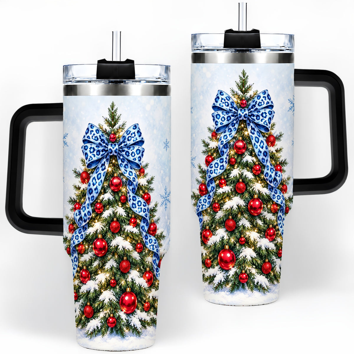 #pl[40oz|Black] Blue Leopard Christmas Tree Tumbler, 40oz Handled Holiday Drinkware