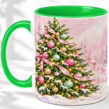 #pl[11oz|Green] Pink Ribbon Christmas Tree Accent Mug, Ceramic Cup with Snow Art