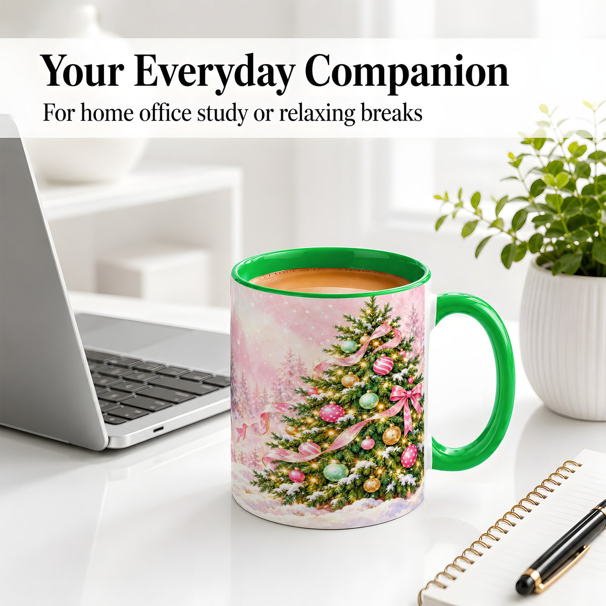 #pl[11oz|Green] Pink Ribbon Christmas Tree Accent Mug, Ceramic Cup with Snow Art